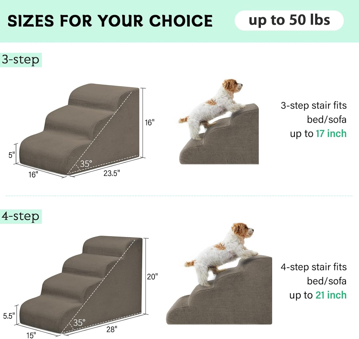 Dog Steps for Small Dogs, 3-Step Pet Ramp Stairs for High Beds and Sofa, Non-Slip Pet Stairs for Small Dogs and Cats, Removable and Easy to Clean Cover, Light Brown
