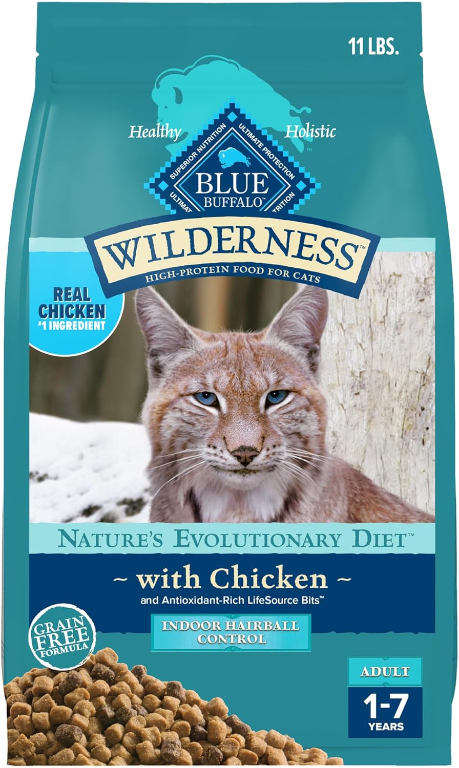 Blue Buffalo Wilderness High-Protein, Grain-Free Natural Dry Food for Adult Cats, Indoor Hairball Control, Chicken, 11-lb. Bag
