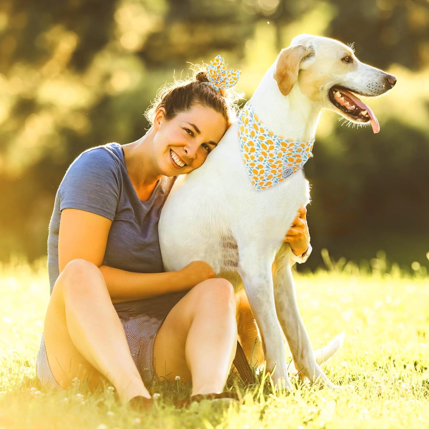 E-Clover Yellow Floral Dog Bandanas & Matching Scrunchie Set Summer Cute Dog Scarf Bibs Pet Bandana with Bow Tie for Small Dogs Puppy Owner Mom Spring