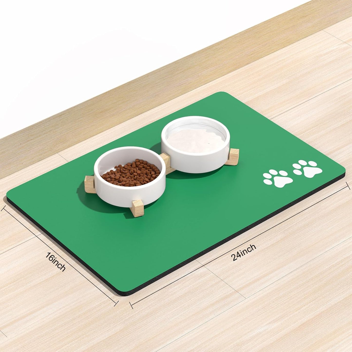 Rnivvi Dog Food Mat, 16" x 24" Footprint Absorbent Dog Cat Bowl Mat for Food and Water, Cute Anti-Slip Rubber Pet Feeding Rug Protect Floors, Puppy Placemat for Feeding & Watering Supplies, Green