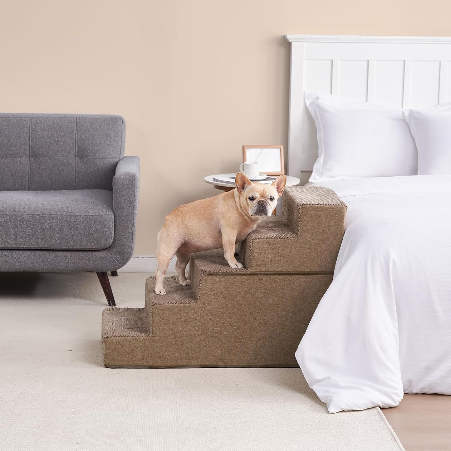 EHEYCIGA Dog Stairs for High Bed 25" H, 5-Step Extra Wide Dog Steps for Bed, Pet Steps for Small Dogs and Cats, Non-Slip Balanced Pet Ramp Indoor, Camel