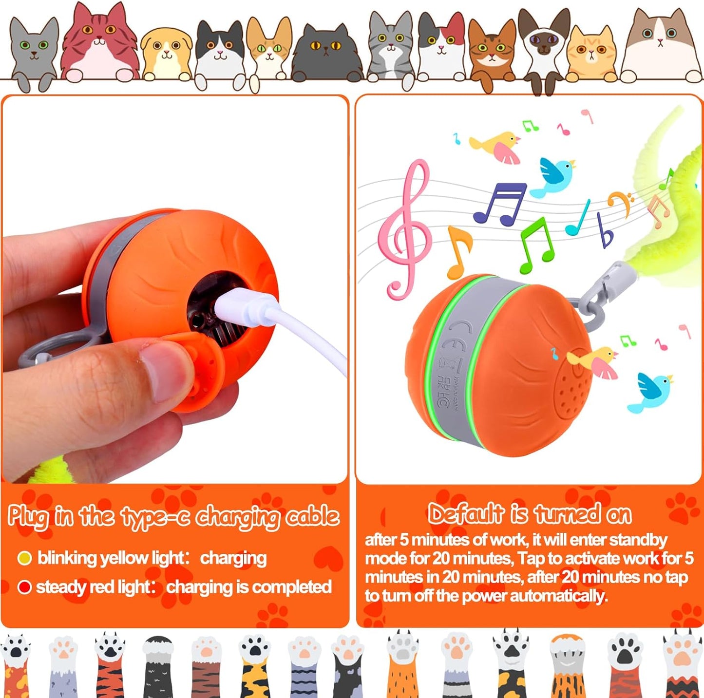 AIERSA Interactive Cat Toys for Indoor Adult Cats, Automatic Self-Play Cat Ball Toy for Kitten to Keep Them Busy, Electric Moving Chase Toy (Orange)