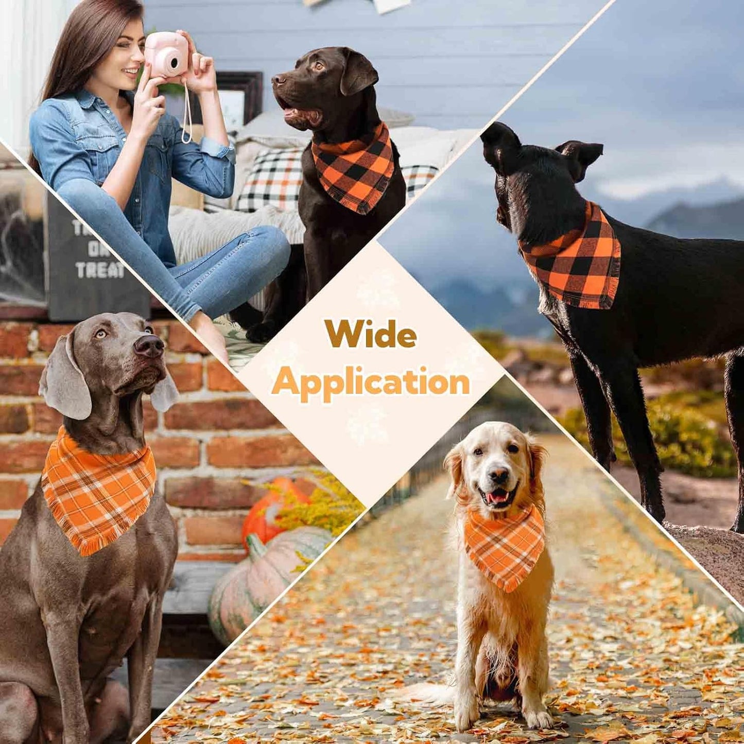 Kytely Dog Bandana Fall XLarge 2Pack, Halloween Autumn Dog Bandanas, Orange Plaid Pet Scarf for Boy and Girl, Holiday Bandana Reversible Triangle Bibs Accessories for Dogs Pets