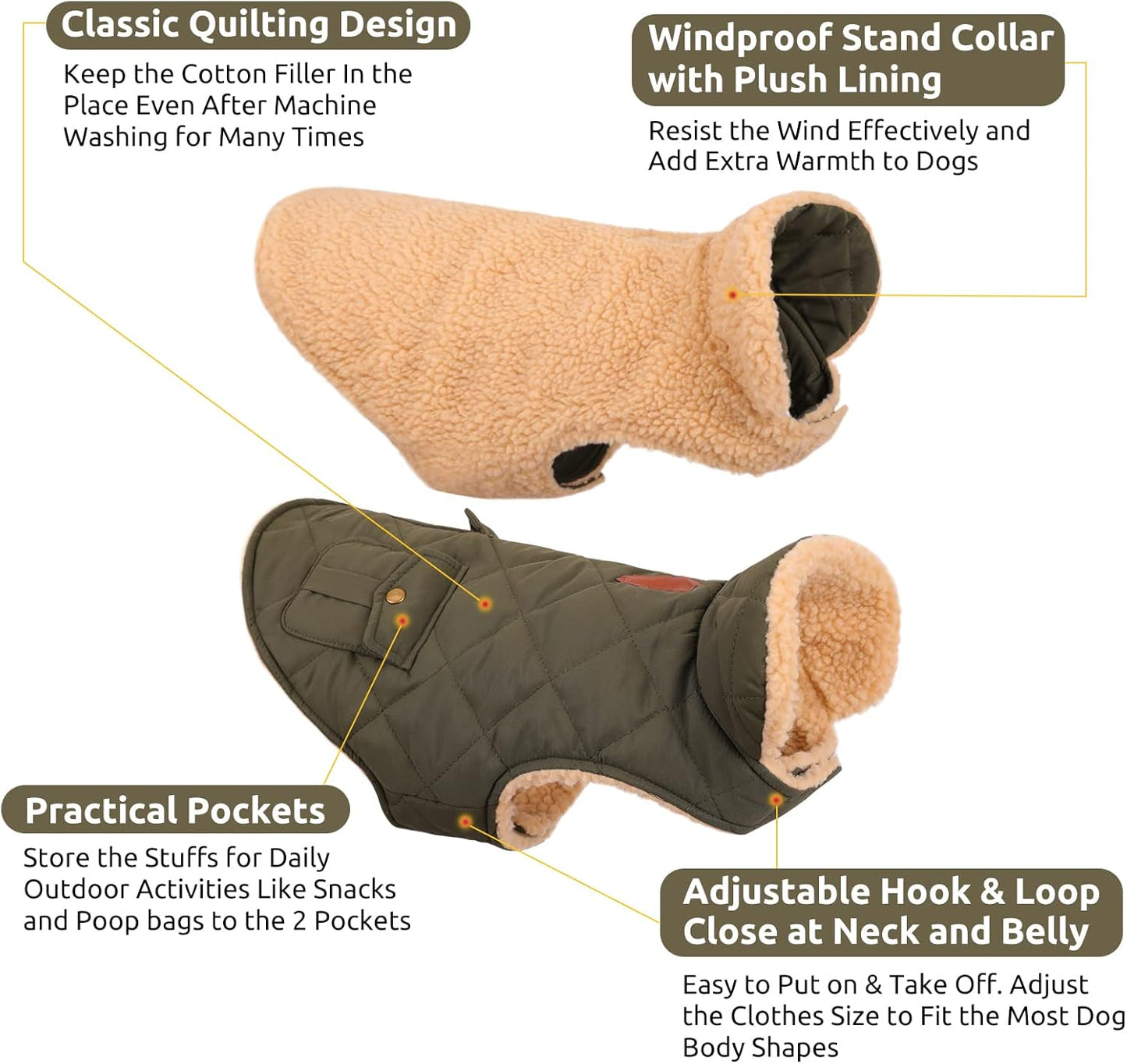 Queenmore Warm Dog Coat, Cold Weather Puffer Dog Coat, Quilting Winter Dog Jacket Ultra Thick Plush Lining with Storage Pockets (Green, Small)