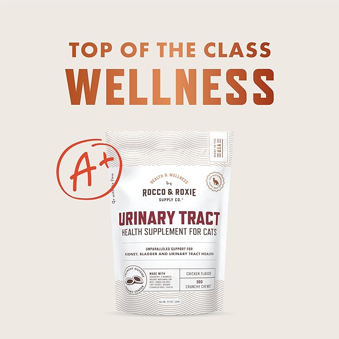 Rocco & Roxie Cat Urinary Tract Health Supplement, Cranberry and D-Mannose for Kidney, Bladder, and UT Support, Vet Recommended Chicken Flavored Crunchy Chews Cats Love, Made in USA