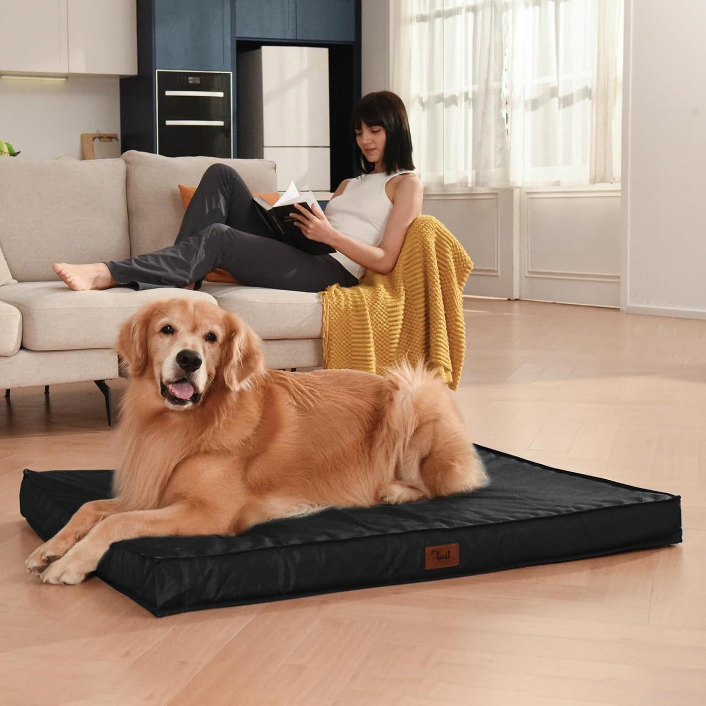 Orthopedic Dog Bed for Large Dogs, Big Waterproof Washable Dog Bed for Large Sized Dogs with Egg Crate Foam Pet Bed Mat, Removable Oxford Cooling Cover, Black
