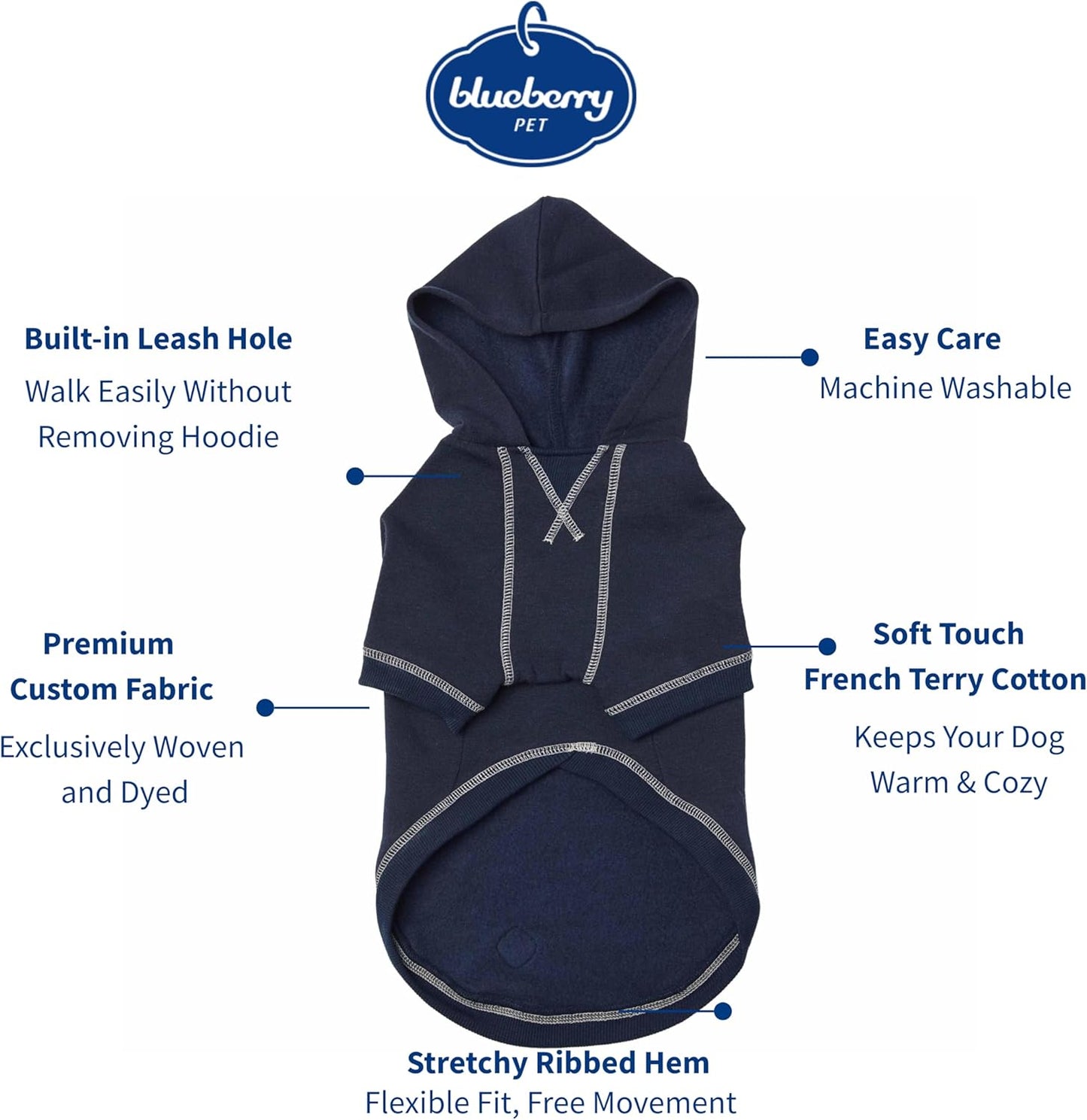 Blueberry Pet Essentials Dog Hoodie – 20 inch, Cotton‑Blend Sweatshirt with Hood, Midnight Blue, Machine‑Washable Small‑Dog Jersey
