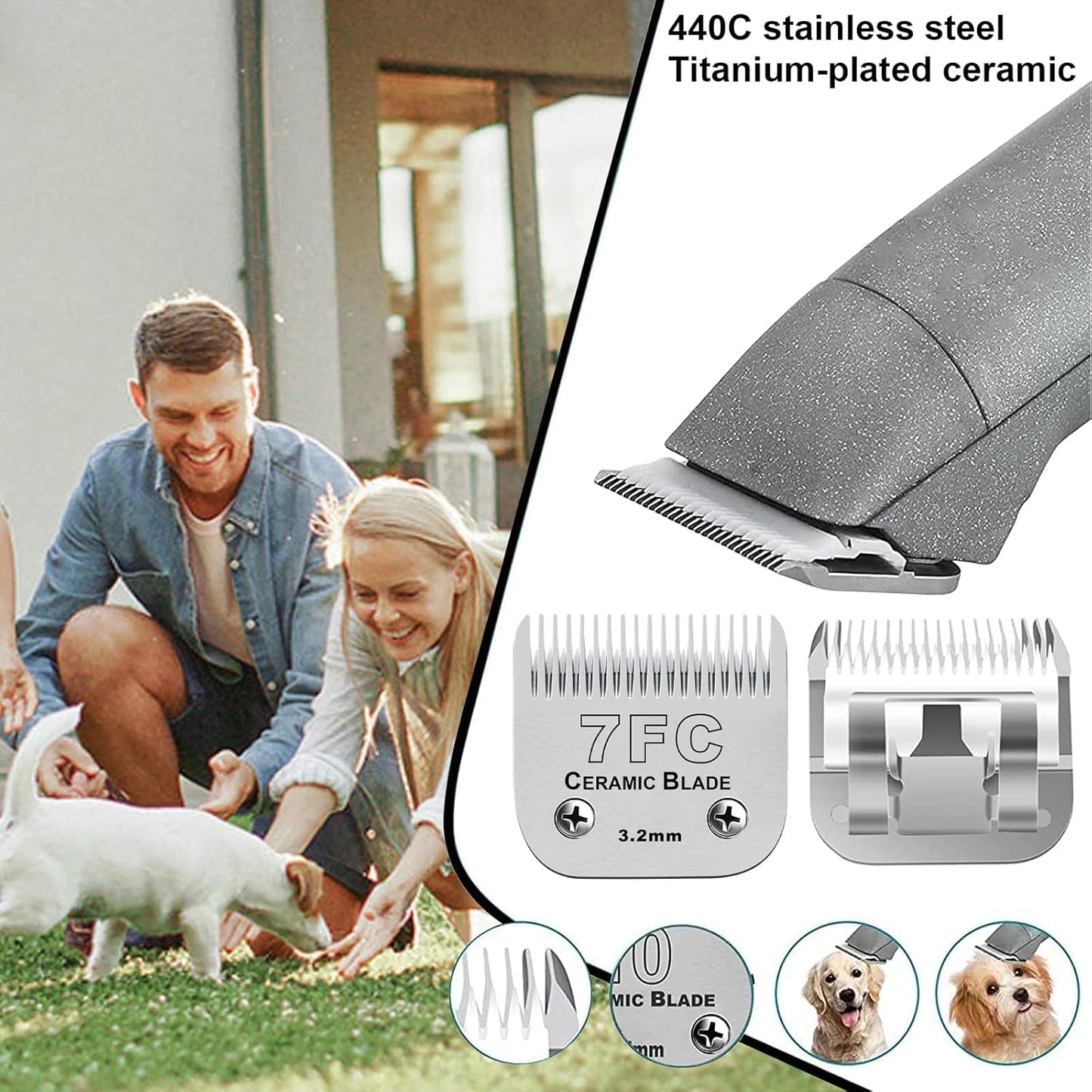 2PC 7FC Blade Dog Grooming Clipper Blade Compatible with Andis Dog Clipper/Oster A5/Wahl KM-10 Series,Ceramic Blade & Stainless Steel Blade