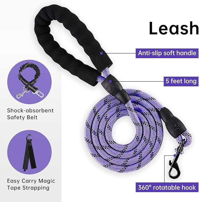 IVY&LANE No Pull Dog Harness for Medium Dogs, Dog Vest Harness with Leash, Safety Belt and Storage Strap, Fully Adjustable Harness, 360° Reflective Strip, Soft Handle (Purple, M)