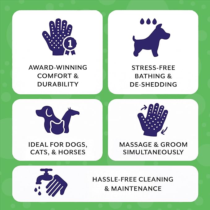 H HandsOn Pet Grooming Gloves - Patented #1 Ranked, Award Winning Shedding, Bathing, & Hair Remover Gloves - Gentle Brush for Cats, Dogs, and Horses (Green, Junior)