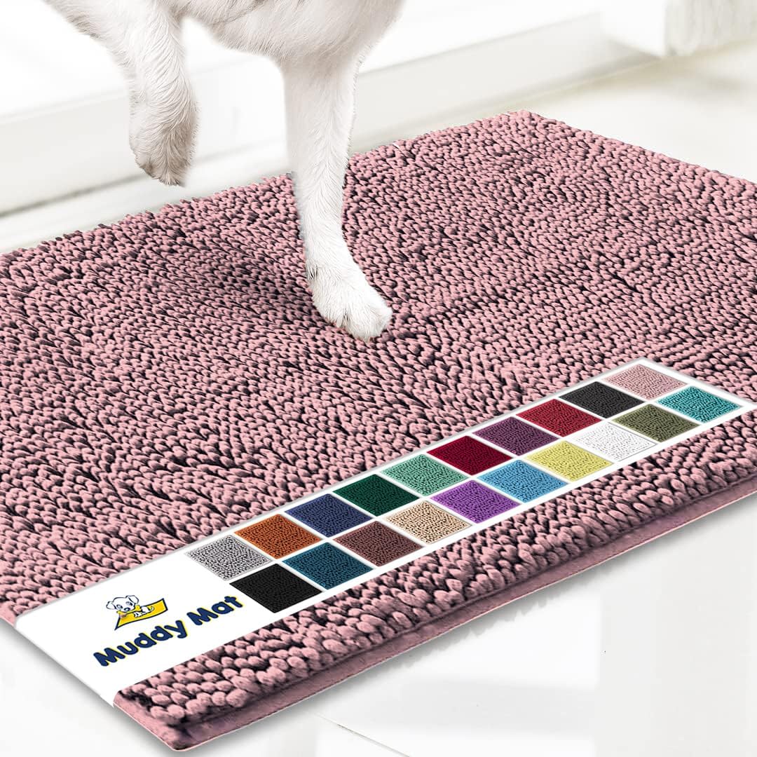 Muddy Mat® Original Dog Door Mat for Muddy Paws, Super Absorbent Microfiber, Non-Slip Washable Pet Rug, Quick Dry Chenille Entryway Carpet, Machine Washable Indoor Outdoor mat, Pink 19"x30"
