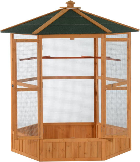PawHut 69" Large Wooden Hexagonal Outdoor Aviary Flight Bird Cage with Covered Roof, Brown