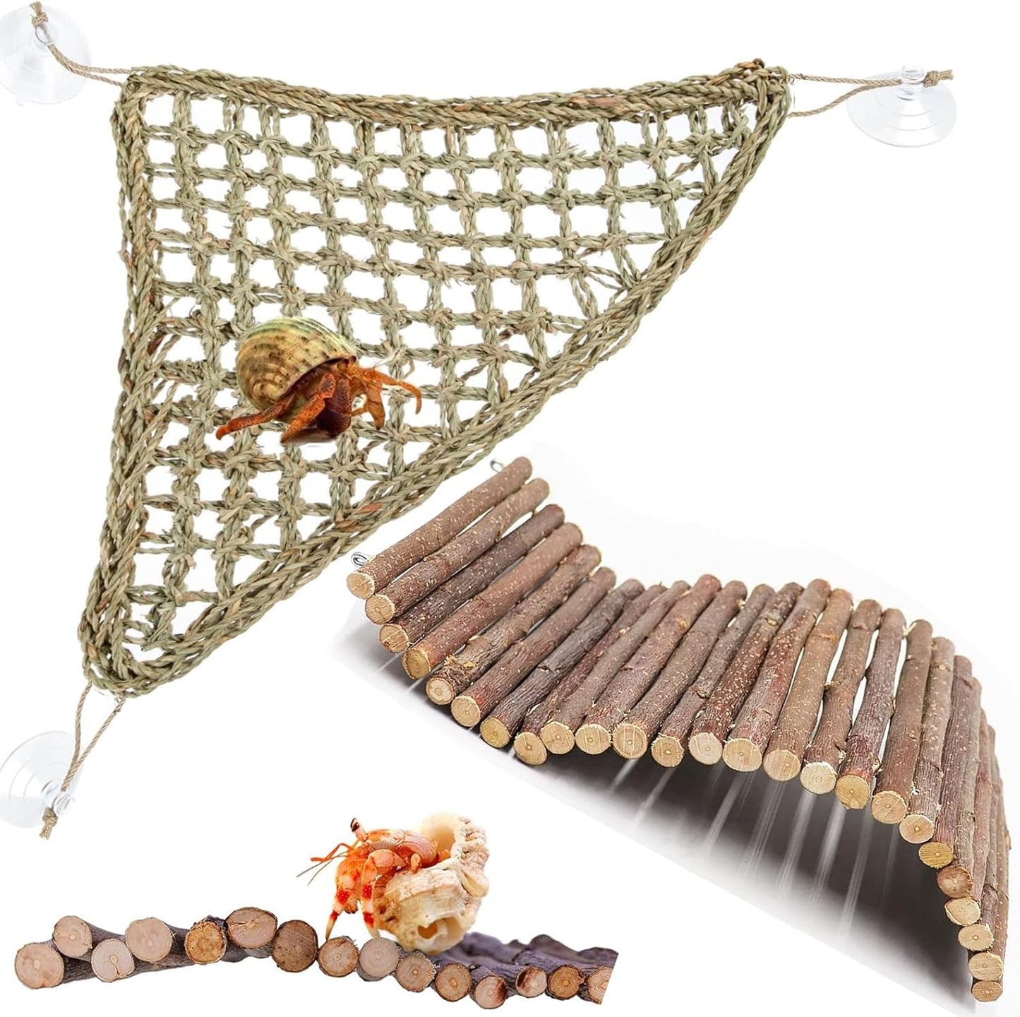 Bearded Dragon Tank Accessories Set: Reptile Habitat Decor with Climbing Hammock Toys, Natural Wood Hideout for Hermit Crab, Lizard, Leopard Gecko,Crested,Tortoise, Snake