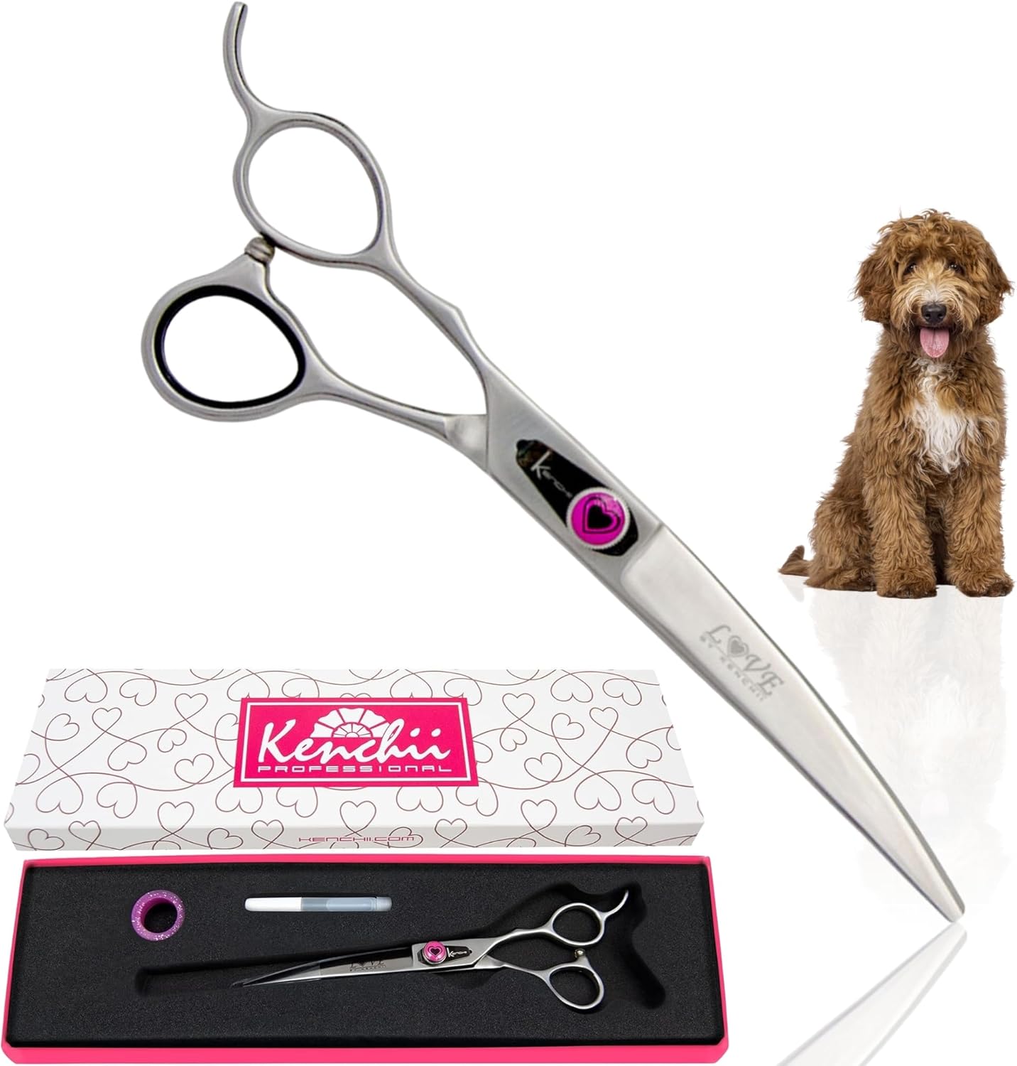 Kenchii Love Left Handed Dog Grooming Scissors, 7 Inch Curved Shears, Dog Scissors for Grooming, Professional Pet Grooming Scissors, Ergonomic & Comfortable