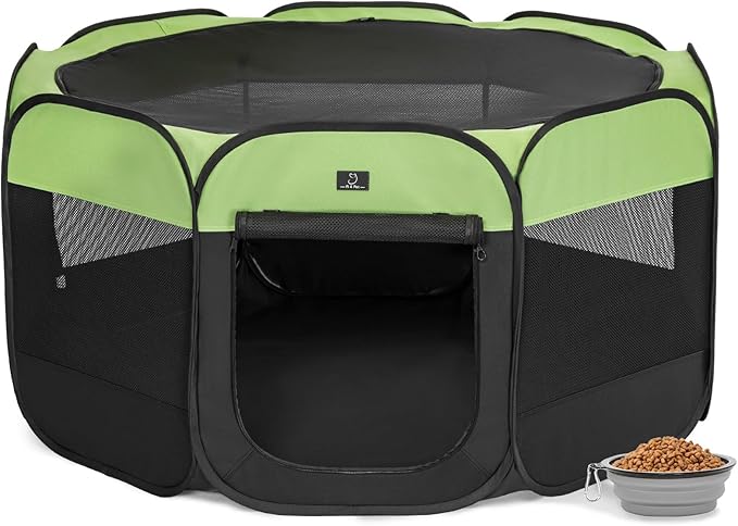 A4Pet Portable Pet Playpen, 49” Pop Up Dog Playpen with Bowl, Suitable for Puppies, Kittens, and Small Animals, Removable Zipper & Mesh Panel(19”W × 12”H)