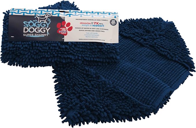 Soggy Doggy Super Shammy Dog Towel - Microfiber Chenille Towel for Drying Dogs and Cleaning Paws - Fast Drying with Hand Pockets for Ease (Navy Blue, 31” x 14”)