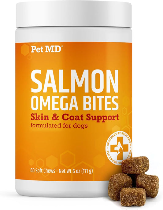 Pet MD Salmon Omega Bites for Dogs - Skin and Coat Supplement with Omega 3 & 6 for Dogs Plus DHA & EPA - Promotes Allergy & Dry Skin Relief - 60ct