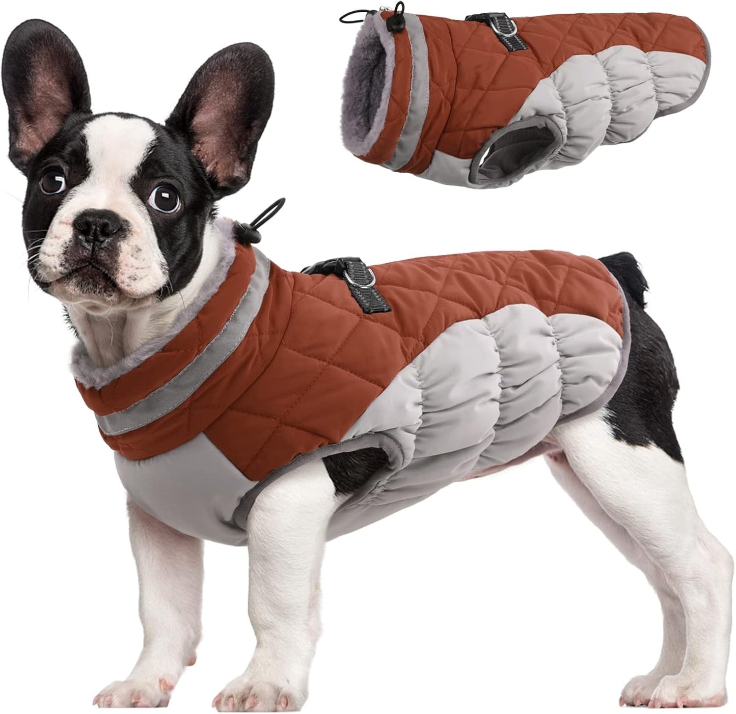 FUAMEY Dog Coat for Small Dogs,Waterproof Dog Winter Jacket with Harness Built in Puppy Cold Weather Coats Reflective Pet Vest with Zipper Warm Fleece Dogs Snowsuit Windproof Brown S
