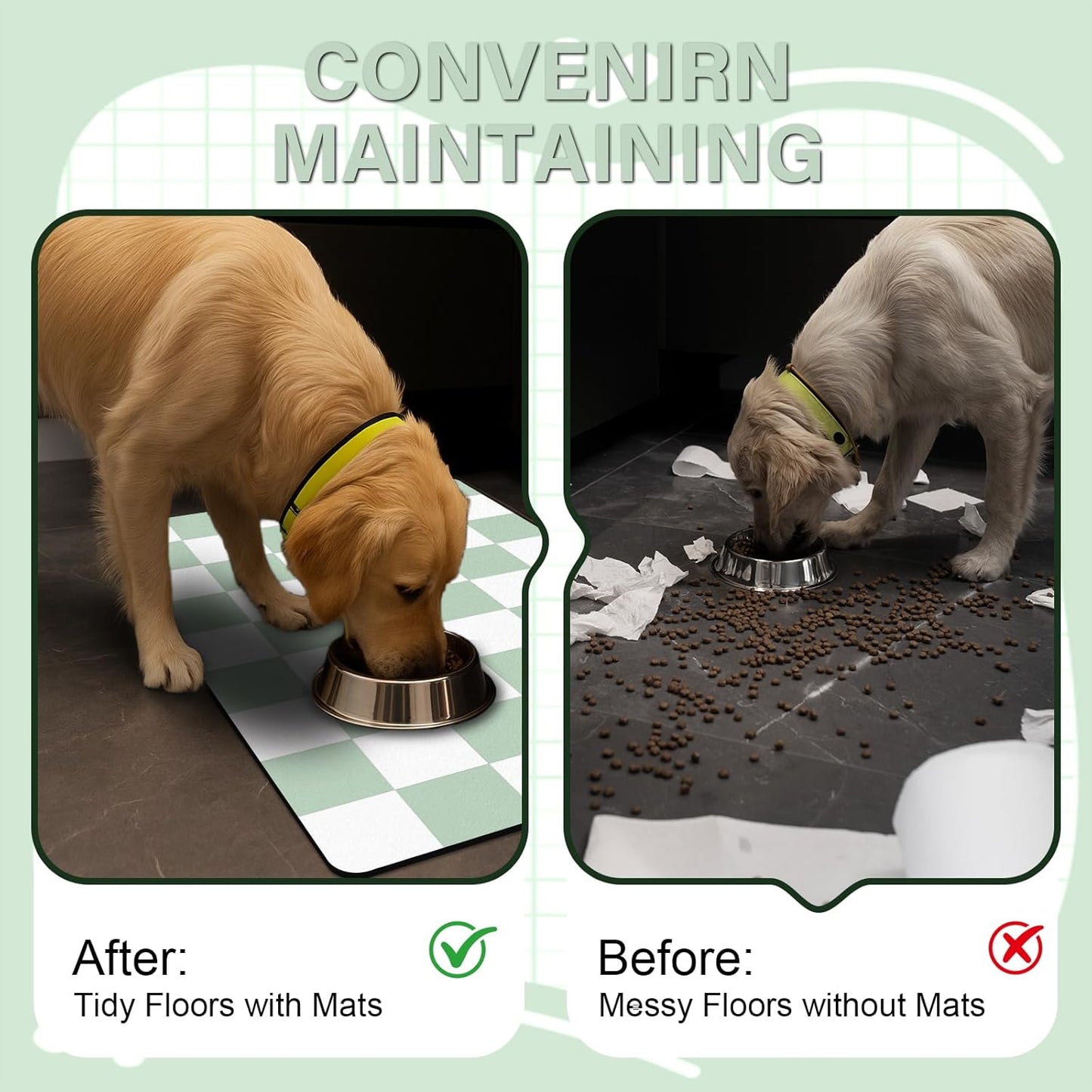Pet Feeding Mat, 16"x 24" Absorbent Dog Food Mat, Checkered Cat Bowl Mats, Easy to Clean Pet Placemats, Quick Dry Dog Water Dispenser Mats for Messy Drinkers, Green & White