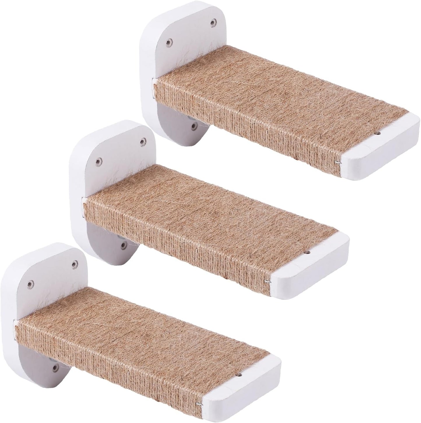 3pcs Wall Mounted Cat Steps, Climbing Furniture, Shelves With Hemp Rope Covered, Solid Wood Ladder for Playing and Climbing (Standard-White)