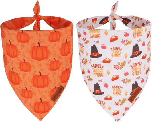 PTDECOR Thanksgiving Fall Dog Bandanas, Orange White Reversible Holiday Pet Scarf, Happy Thanksgiving Pumpkin Triangle Thanksgiving Bandanas for Extra Large Dogs (X-Large)