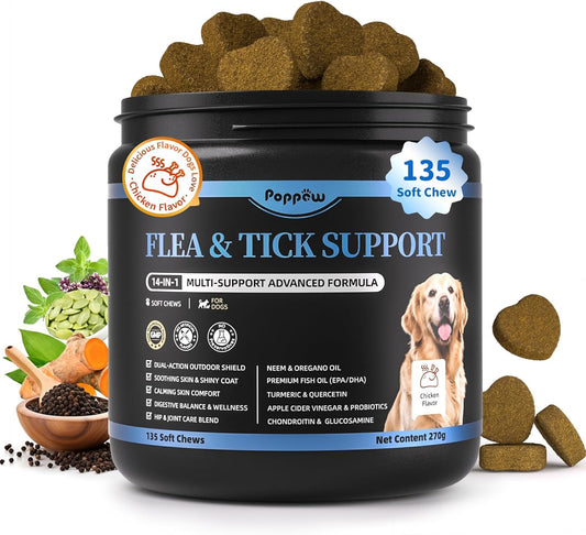 Dog Flea and Tick Support Chewable, Natural Dog Flea Comfort Supplement, Oral Chews with Neem, Oregano Oil, Pumpkin Seed Oil & Brewer's Yeast – 135 Soft Chews, Chicken Flavor – for All Breeds & Sizes