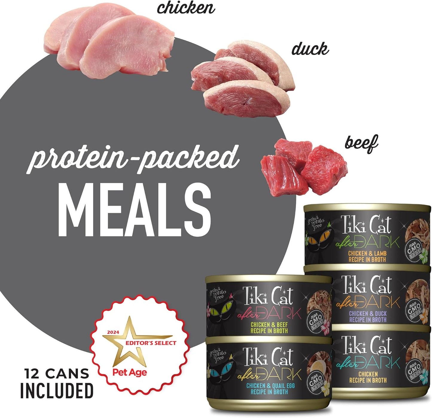 Tiki Cat After Dark, Variety Pack, High-Protein and 100% Non-GMO Ingredients, Wet Cat Food for Adult Cats, 2.8 oz. Cans (Pack of 12)