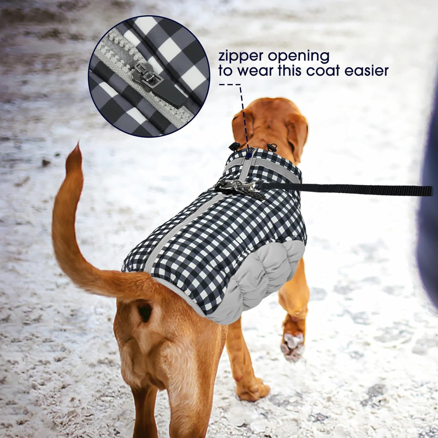 FUAMEY Dog Coat for Medium Dogs,Waterproof Dog Winter Jacket with Harness Built in Puppy Cold Weather Coats Reflective Pet Vest with Zipper Warm Fleece Dogs Snowsuit Windproof Checkerboard M