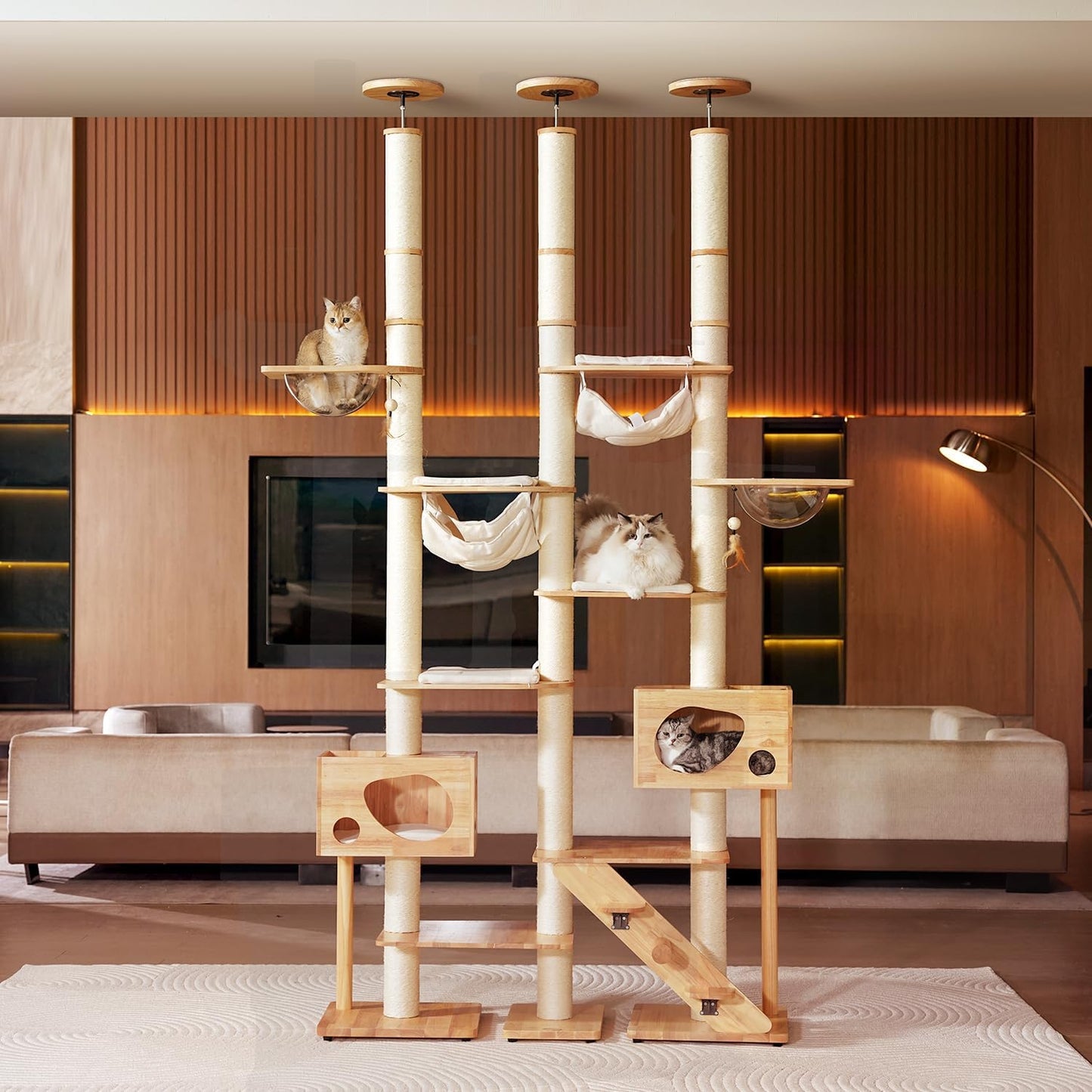 Wood Cat Tree for Indoor Cats, Modern Cat Tower, Unique Cat Condo with House, Tall Luxury Furniture with Heavy Duty Wide Base, Kraft Paper Rope Scratching Post, Removable Cushion (96.5-118.1 inch)