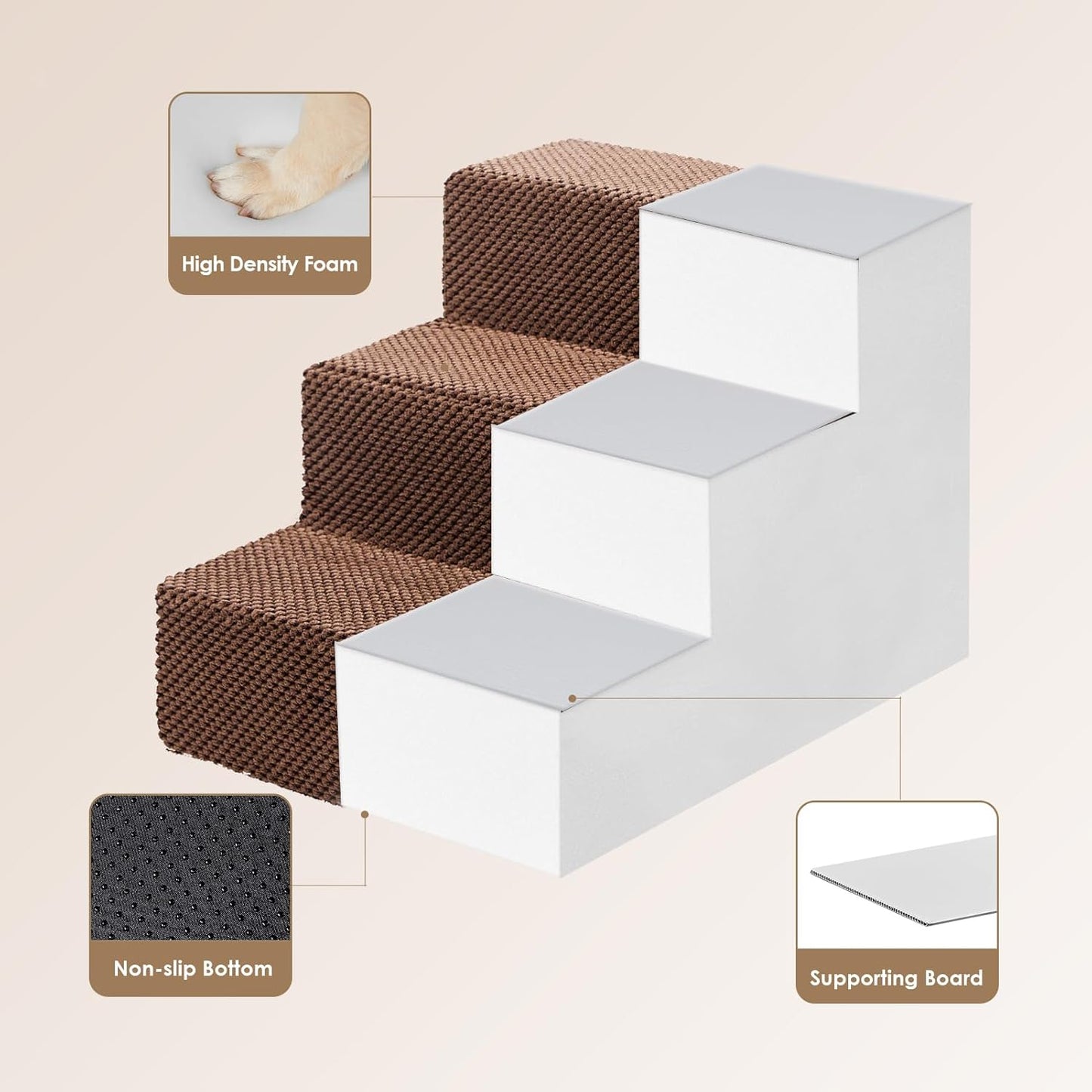 EHEYCIGA Dog Stairs for Small Dogs 13.5" H, 3-Step Dog Steps for Couch Sofa and Chair, Pet Steps for Medium Cats, Non-Slip Balanced Pet Ramp Indoor, Brown