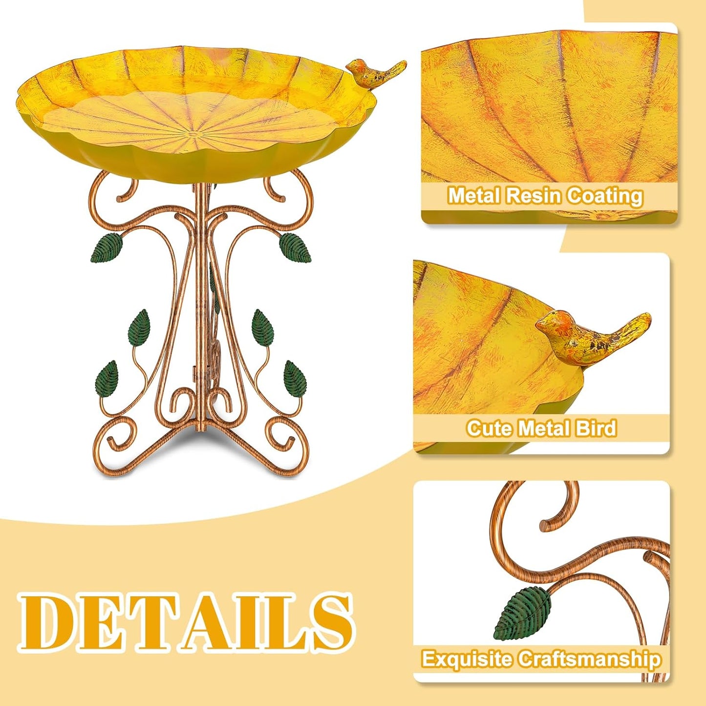 Vintage Metal Bird Bath for Outside, 13" Dia Birdbaths Bowl with Cast Iron Pedestal, Large Antique Bird Feeder with Folding Bracket for Outdoors Garden Patio Yard Decor (Retro Yellow)