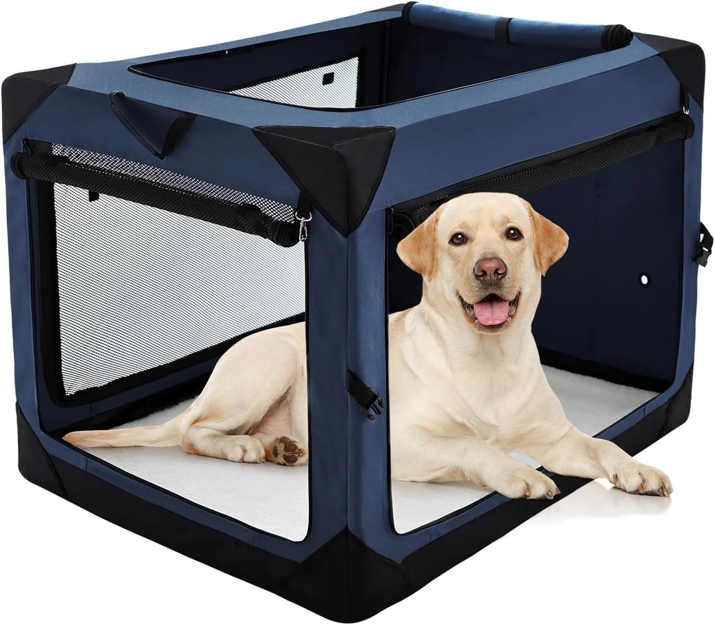 Pettycare 42 Inch Collapsible Dog Crate for Large Dogs, 4-Door Foldable Soft Side Kennel with Chew Proof Mesh Windows, Indoor & Outdoor Travel Crate, Navy Blue