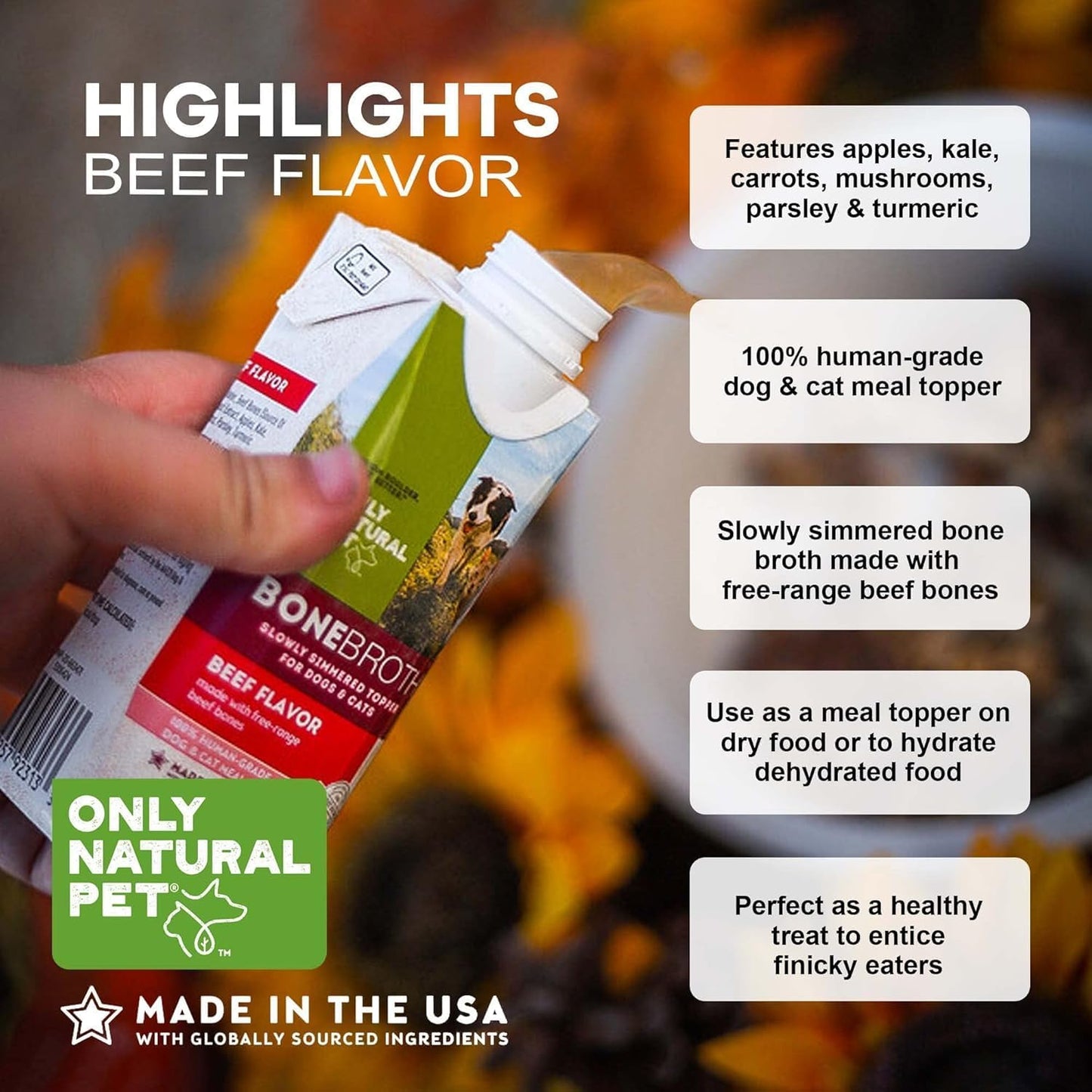 Only Natural Pet Bone Broth Beef Flavor Dog & Cat Meal Topper, 100% Human-Grade Slow-Simmered, Free-Range for Dry Food or to Hydrate Dehydrated Food - (12-Pack / 11.16 oz Each)