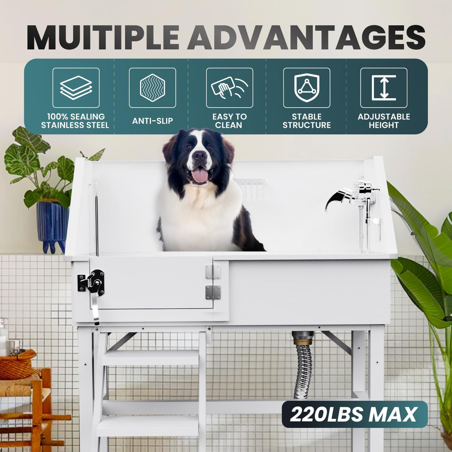 Dog Washing Station for Home,38" Professional Dog Washing Station Stainless Steel Dog Grooming Tub for Home,Equipped with Three Anti-Slip Steps, Removable Door, Pet Wash Station for Pet