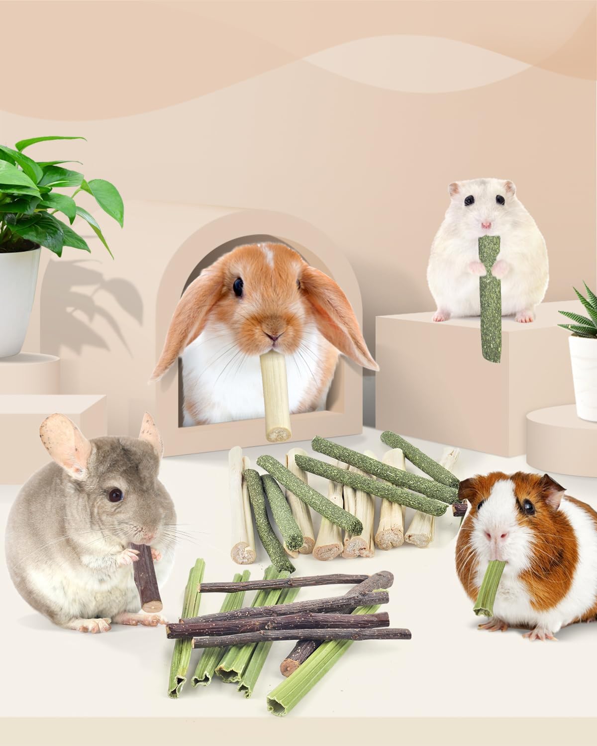 Bissap 60 PCS Rabbit Chew Sticks, Sweet Bamboo Timothy Hay Chew Stick Papaya Stems Apple Branch Bunny Chews for Rabbit Hamster Chinchilla Guinea Pig Small Pet Natural Molar Treats