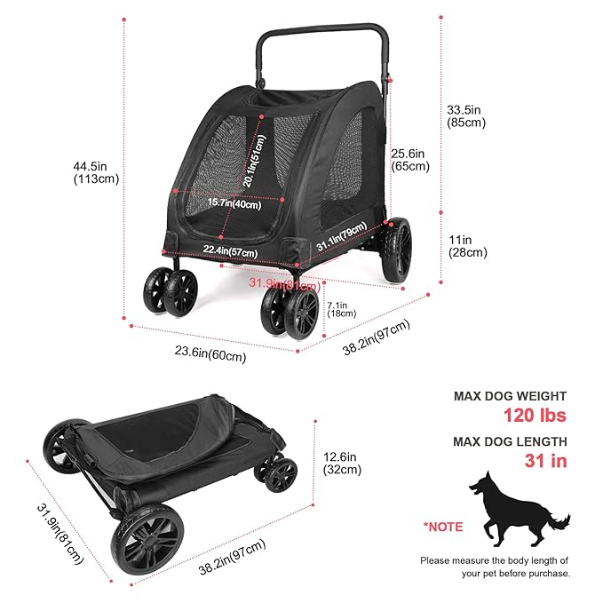 Large Dog Travel Stroller with 4 Heavy Duty Wheels Pet Stroller with Adjustable Handle - Double Doggie Capacity Jogger Wagon with Back Front Door for Small Medium Large Dogs (Black 1)