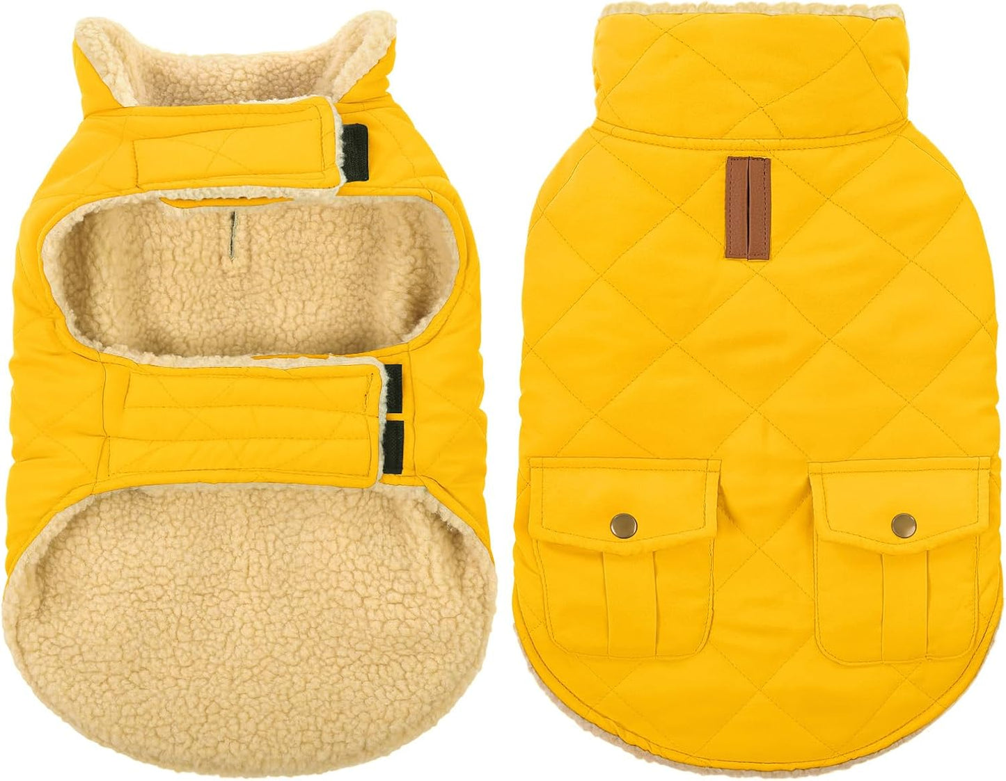 Queenmore Dog Winter Coat Warm Puffer Jacket Waterproof Plush Lining Thermal Cold Weather Vest for Small Medium Large Dogs, Windproof Easy On Pet Jacket Yellow M