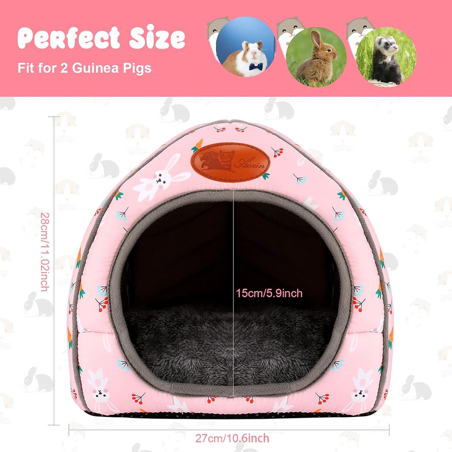 BWOGUE Guinea Pig Bed Large Hide-Out Cozy House Bed for Rabbits Ferret Chinchilla Bearded Dragon Winter Warm Cage Nest Hamster Accessories Cute Bunny and Carrot Pattern