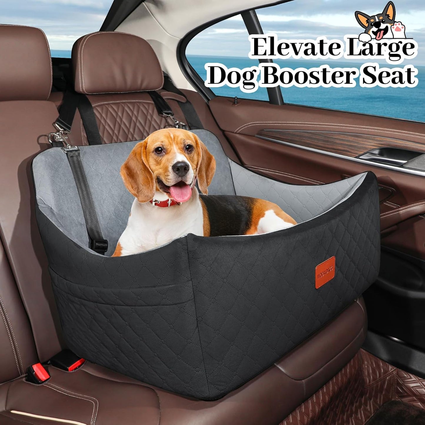 Dog Car Seat for Medium & Large Dogs Up to 55lbs, Memory Foam Cushion, Washable Cover, Safety Straps & Non-Slip Base(Black/Grey,Large)