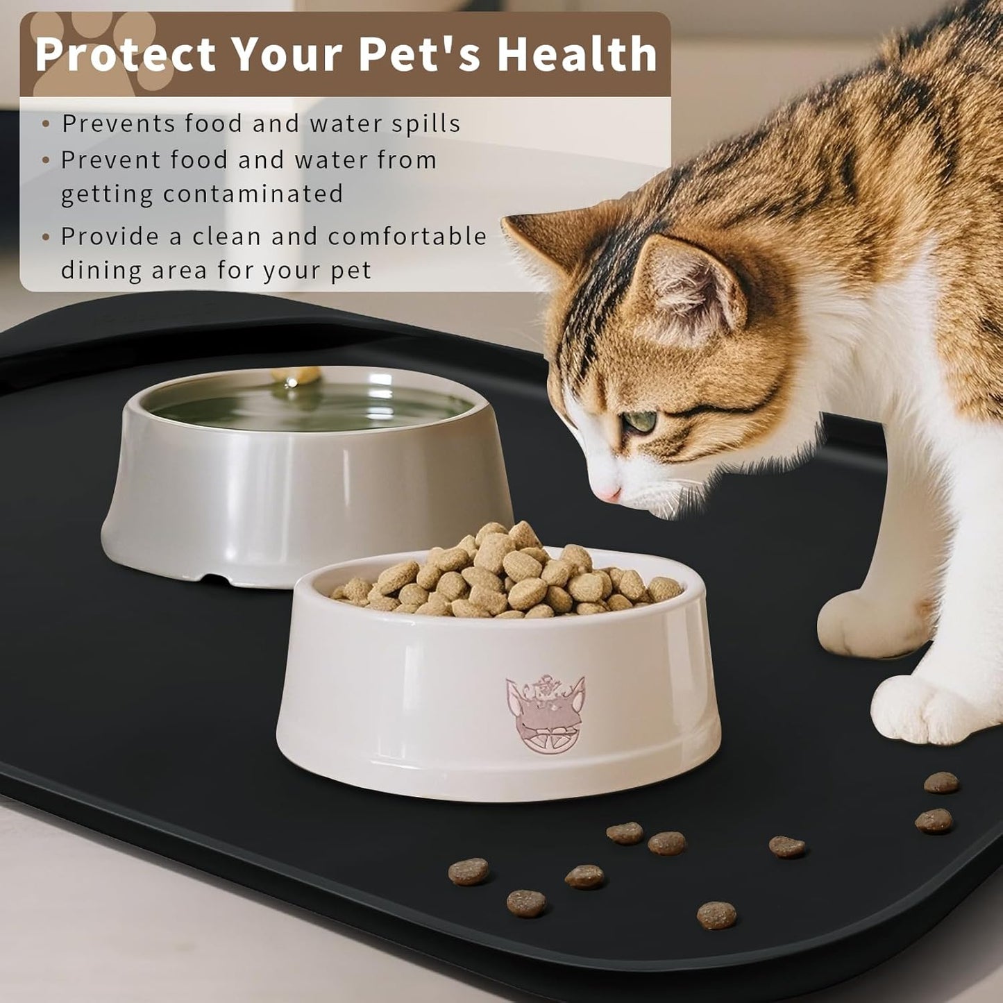 Silicone Pet Feeding Mat with Raised Edge & Residue Collection Pocket for Food and Water, Dog Bowl Mats, Cat Bowls Placemat with High Lip for Floor Waterproof, 22 x 14 x 0.8 Black