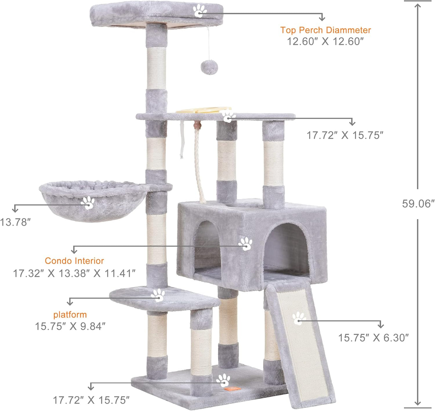 Heybly Cat Tree, Cat Tower for Indoor Cats with Scratching Board, Multi-Level Cat Furniture Condo with Feeding Bowl, Light Gray HCT010MW