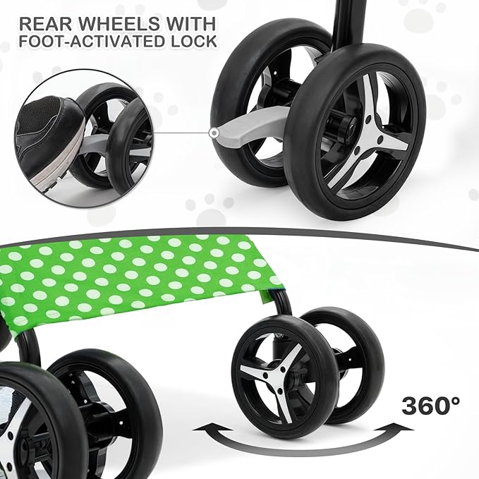 MoNiBloom 4 Wheels Pet Stroller, Easy-Fold Umbrella Shaped Dog Cat Jogger Stroller w/Storage Bag & Visible Mesh for Small/Medium Dogs Cats Lawn Green Polka Dots