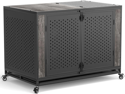 48" Heavy Duty Dog Crate Furniture for Extra Large Dogs, Enclosed Design with 0.5 inch Holes, Indestructible Metal Kennel for High Anxiety Dogs, Chew Proof Pet House Cage Indoor, Gray