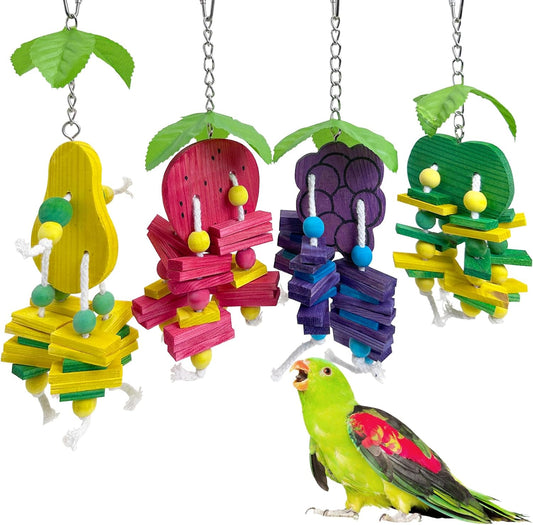 Hamiledyi Natural Wood Block Bird Cage Toys Parrot Chewing Toy Apple&Grape&Pear&Strawberry Shaped Hanging Foraging Toy for Small&Medium Birds Parakeets Cockatiels,4pcs