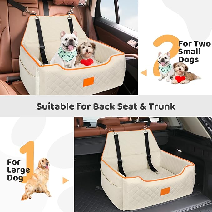 Dog Car Seat for Large/Medium Dog, Booster Seat Under 55Lbs or 2 Small Dogs, Detachable and Washable Travel Pet Seat with Thick Cushion and Storage Pockets (Beige)