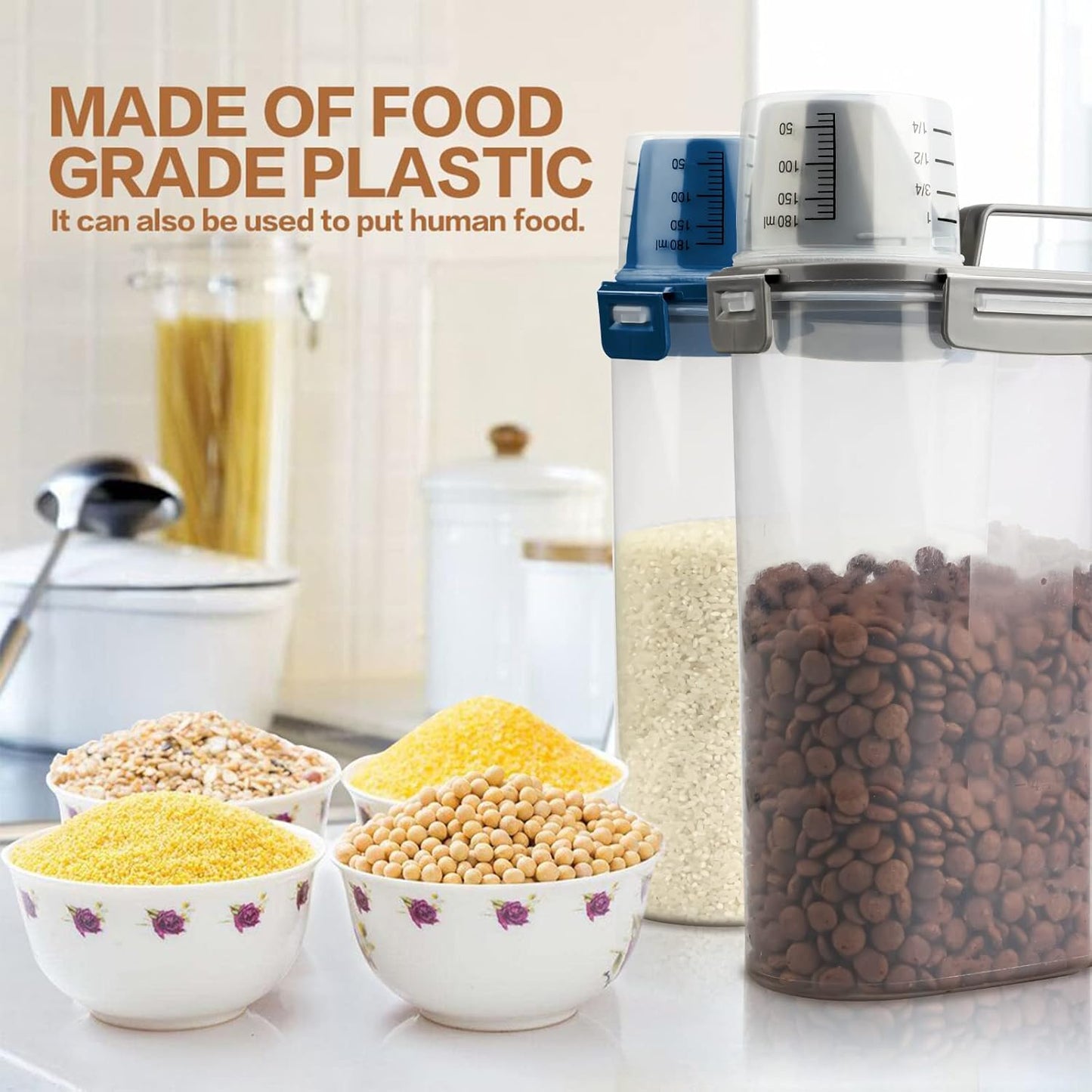 Upgraded Dog Food Storage Container Small, Cat Food Container Airtight, Pet Food Container Dispenser with Pour Spout, Measuring Cup and 4 Seal Buckles for Dogs, Cats, Birds (Blue)