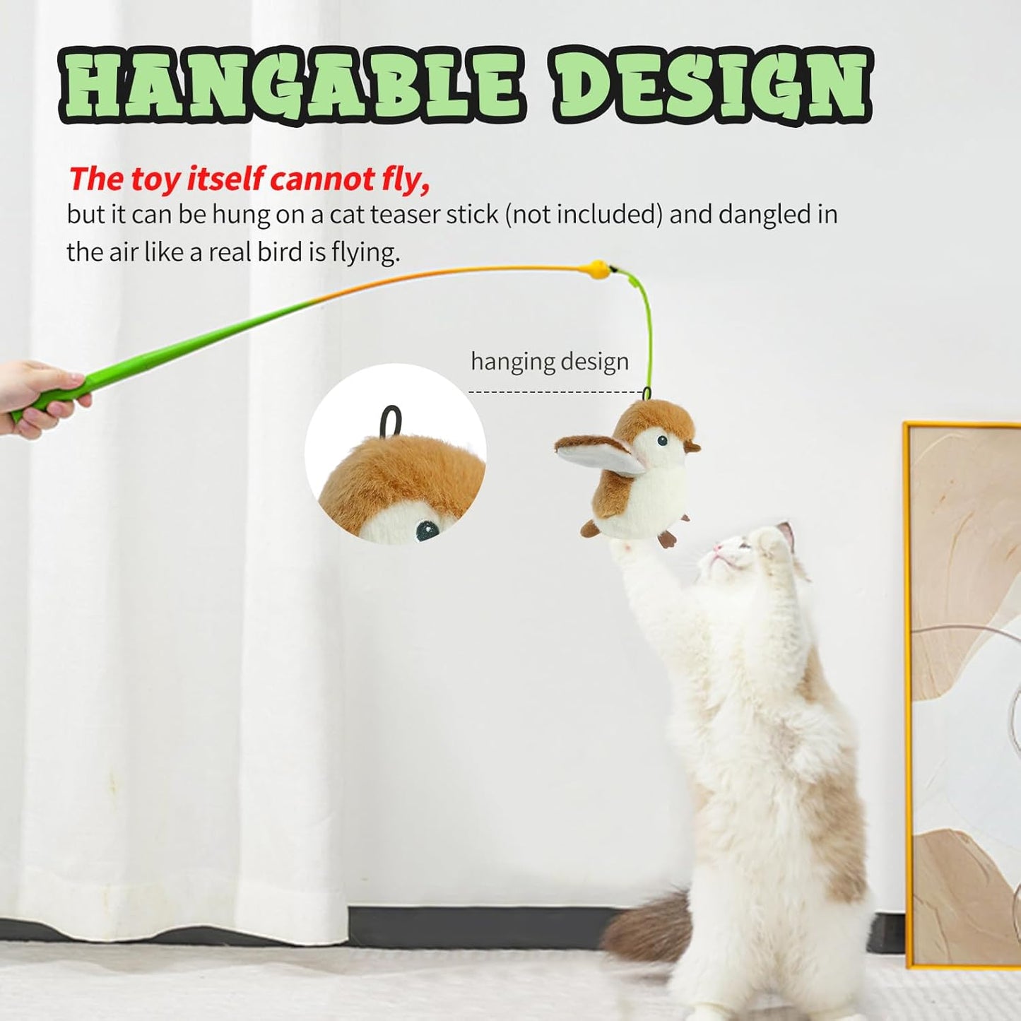 Cat Toys, Flapping Wings Cute Sparrow, No Flying, Chirping Bird Interactive Catnip Toy for Kitten or Small Dogs, Touch Activated, Rechargable