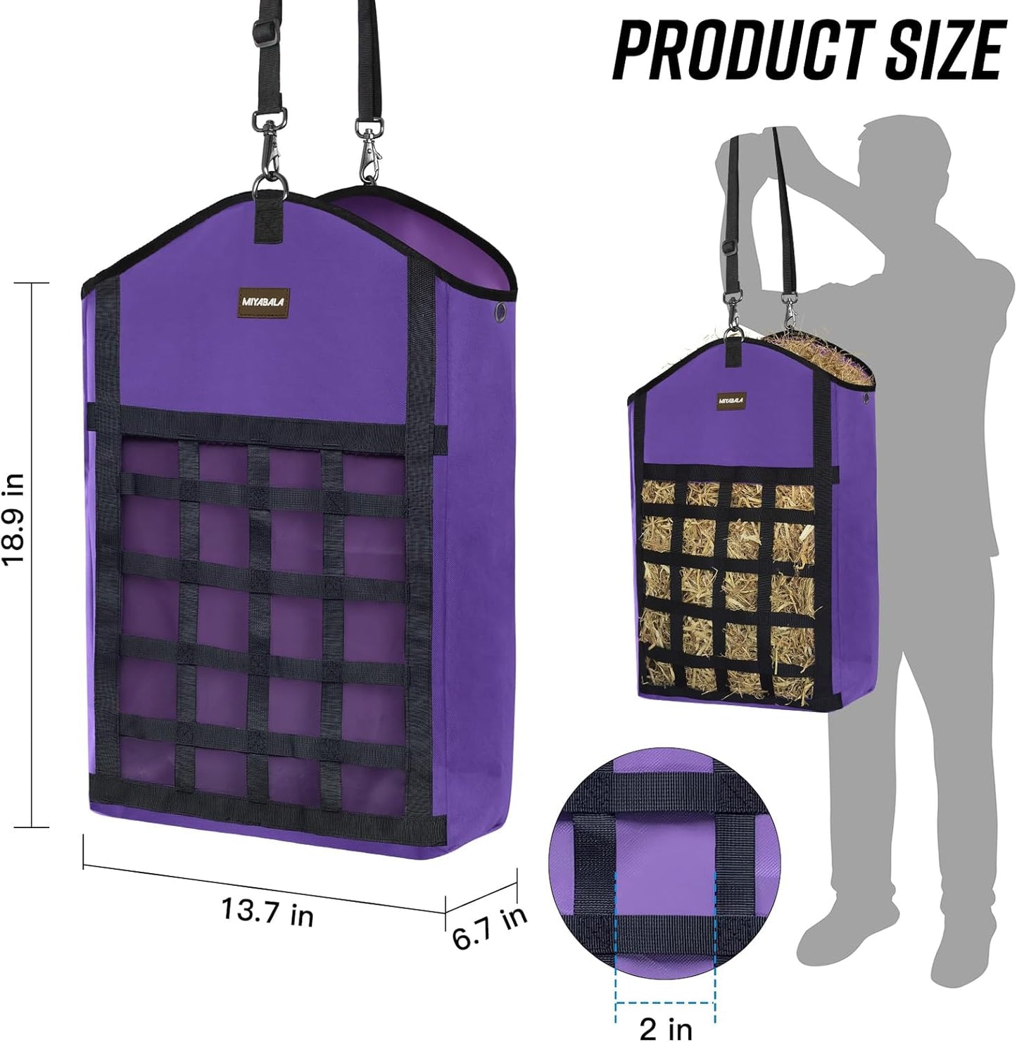 Hay Bags for Horses,3 Packs Slow Feed Hay Bags for Goats,Sheep,Donkey,Premium Oxford Hay Feed Bags with Front Hay Nets Design, Easy to Fill and Hang with Large Opening (2Purple + 1Black)