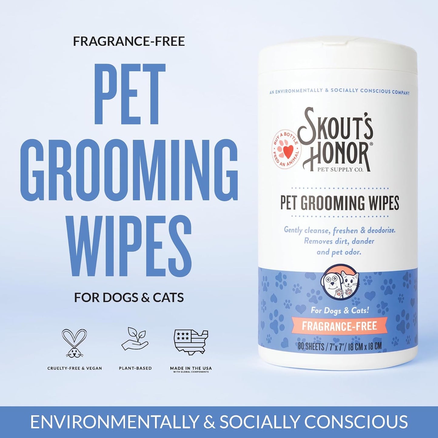 SKOUT'S HONOR Pet Grooming Wipes for Dogs and Cats - Deodorizing, Plant-Based, Biodegradable, Fragrance-Free - for Paws, Faces, Skin Folds & Bums, 80 Count