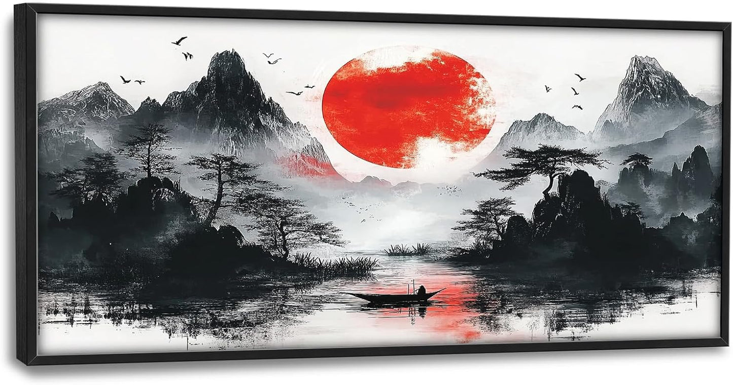 Framed Large Japanese Mountain Wall Art for Living Room, Oversized Asian Red Sun Lake Landscape Wall Decor Nature Canvas Painting Home Decoration for Living Room Bedroom Office 60"x30"